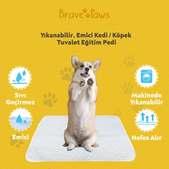 Brave Paws Yıkanabilir Çiş Pedi Yavru Köpek Eğitim Pedi Alez Sıvı Geçirmez  Su Emici 100*100cm
