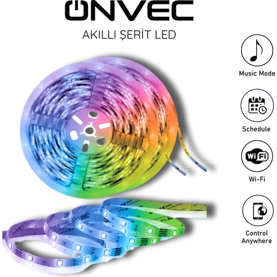 Onvec  5m Wi-Fi Destekli 16 Milyon Renk Smart Şerit LED  Tuya -Uygulama Üzerinden Kontrol