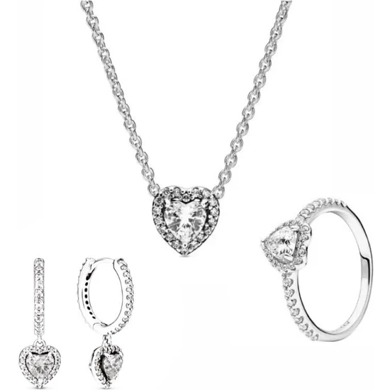 DMR Accessoire 925 Ayar Gümüş Pandora Küpe Yüzük Kolye Seti Sevgililer Günü Seti Hediyesi