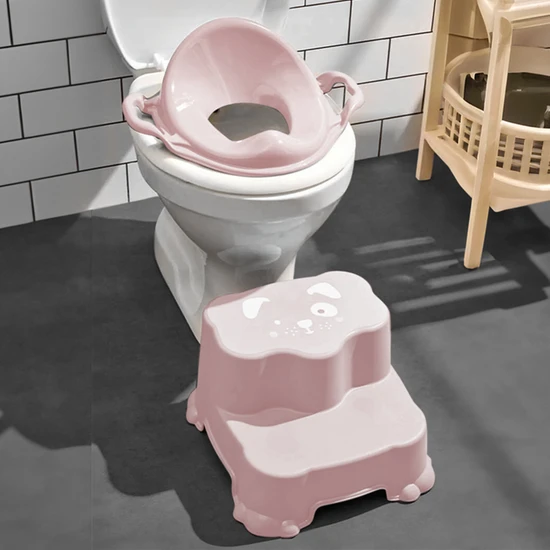 Meleni Baby Çocuklar Için Tuvalet Eğitim Seti- Kaydırmaz Katlı Basamak ve Kulplu Klozet Adaptörü Pembe