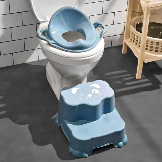 Meleni Baby Çocuklar Için Tuvalet Eğitim Seti- Kaydırmaz Katlı Basamak ve Kulplu Klozet Adaptörü Mavi
