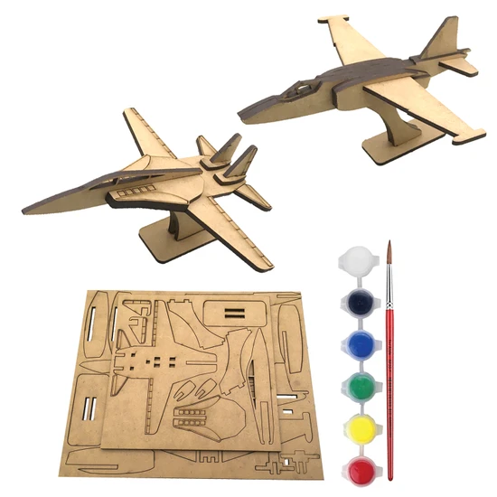 Tahtakurusu Tasarım Eğitici Montessori Ahşap Oyuncak Jet Uçak Maket Puzzle Boyama Seti