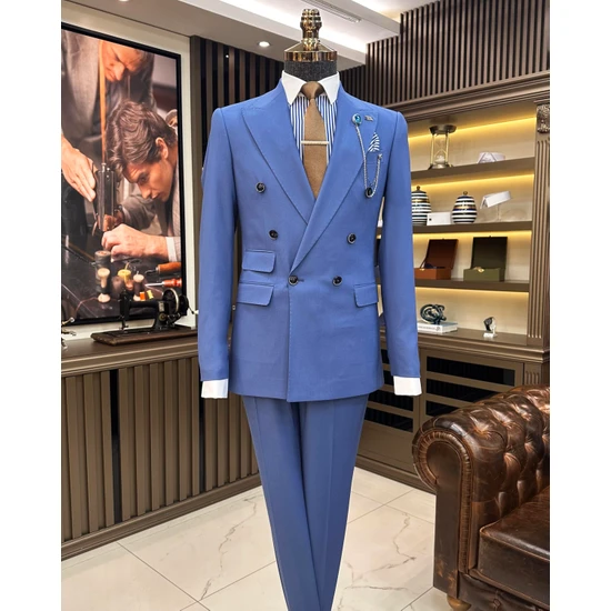 Terziademaltun Italyan Stil Düğme Detaylı Ceket Pantolon Erkek Takım Elbise Mavi T11229