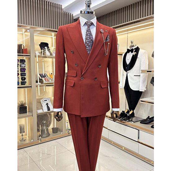 Terziademaltun Italyan Stil Ceket Pantolon Erkek Takım Elbise Kırmızı T11085