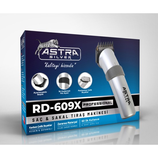 Astra Silver RD-609X Gümüş Renkli Saç Sakal Profesyonel Traş Makinesi Kablosuz Kullanım Özelliği