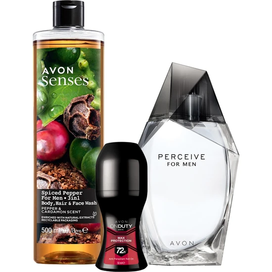 Avon Perceive Erkek Parfüm, Onduty Max Protection Erkek Rollon ve Karabiber ve Kakule Kokulu Duş Jeli Paketi