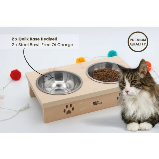 Kedi Köpek Mama Ve Su Kabı-Kaliteli Çelik İki Adet Kase Hediyeli-Gerçek Ahşap-BuShop Yumak
