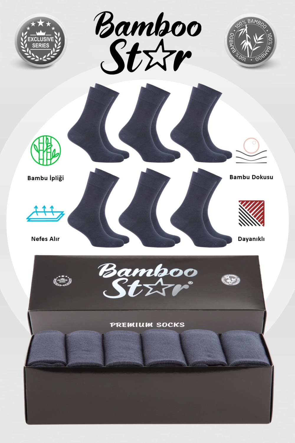 Bamboo Star Bambu Erkek Soket Uzun Düz Siyah Dikişsiz 6'lı Premium Kutulu Çorap