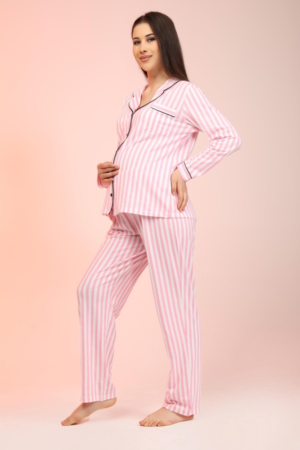 Likapa Penye Uzun Kol Hamile Pijama Takımı Önden Düğmeli Premium Kumaş ile Rahat Kullanım görsel 4