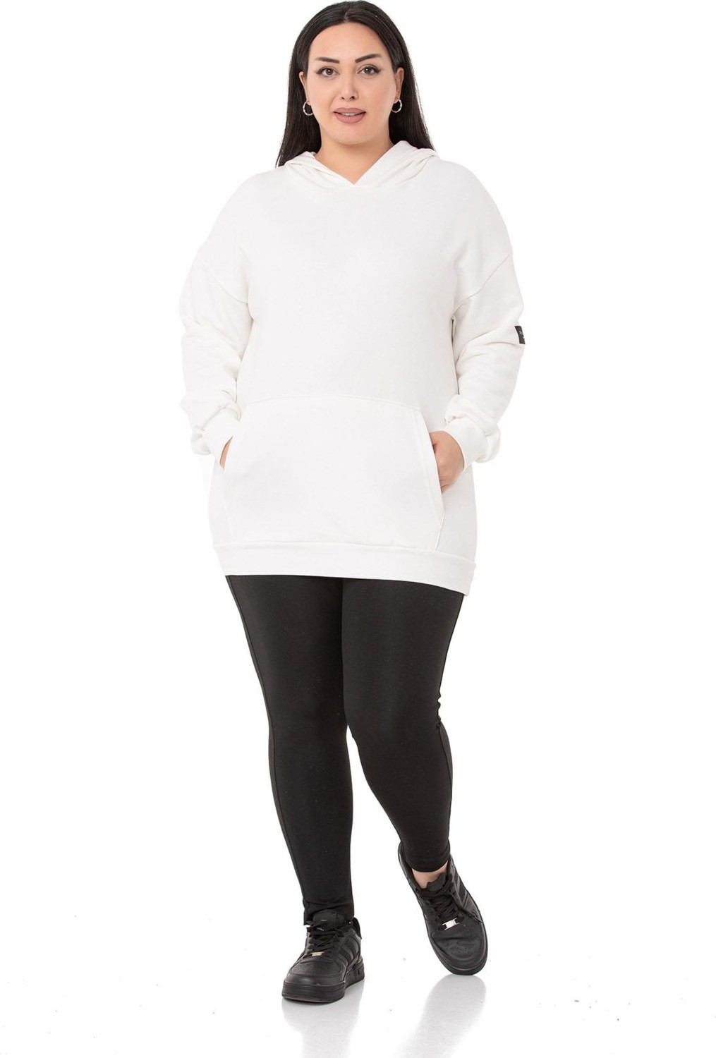 Disentis Modest Büyük Beden Sırtında Yazı Detaylı Kapüşonlu Kanguru Cepli Üç Iplik Beyaz Sweatshirt görsel 7