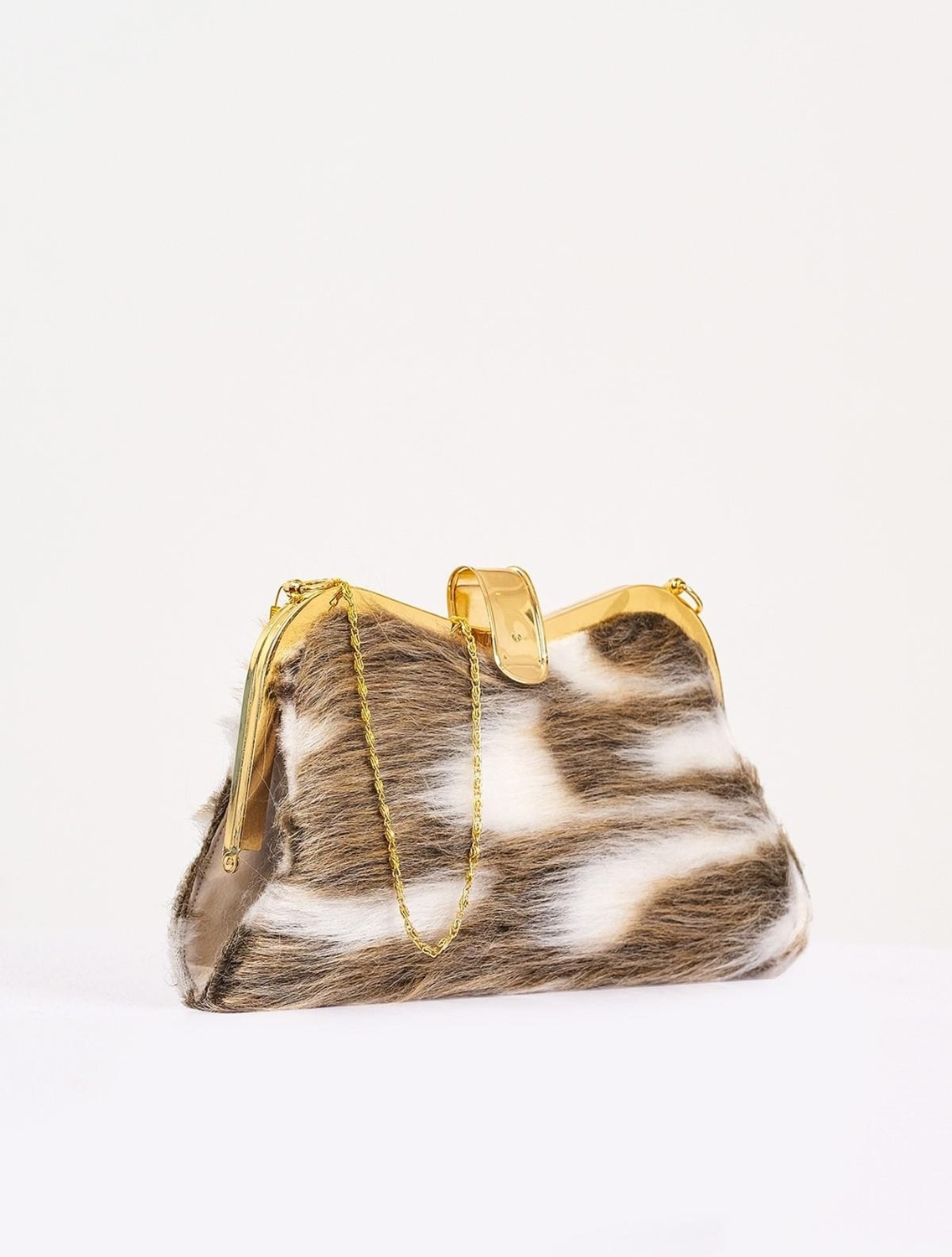 Keyifli Moda Kadın Kahverengi Desenli Suni Kürk Zincirli El ve Omuz Clutch Portföy Çanta görsel 2