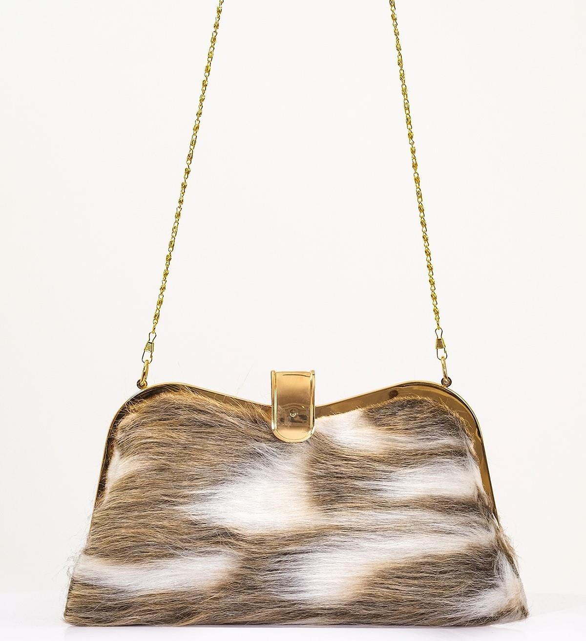 Keyifli Moda Kadın Kahverengi Desenli Suni Kürk Zincirli El ve Omuz Clutch Portföy Çanta