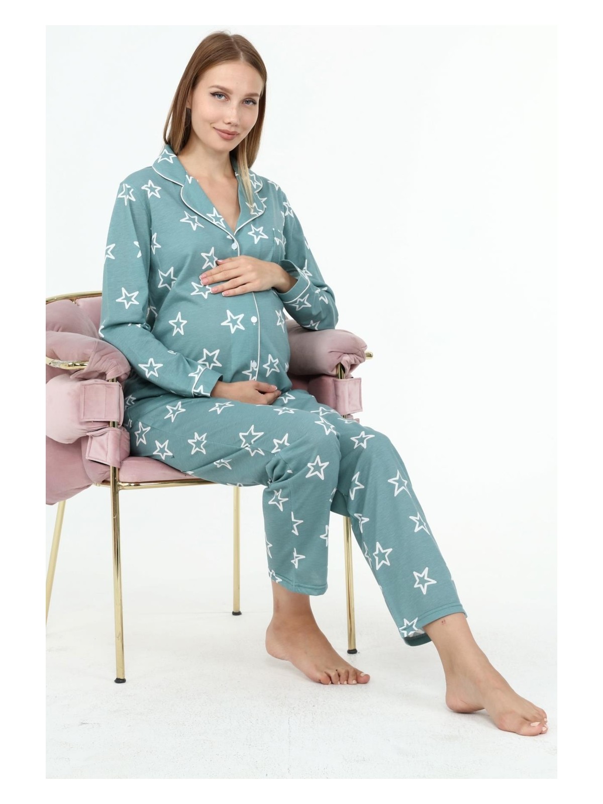 Likapa Penye Önden Düğmeli Hamile Lohusa Uzun Kol Pijama Takımı - Görsel 5