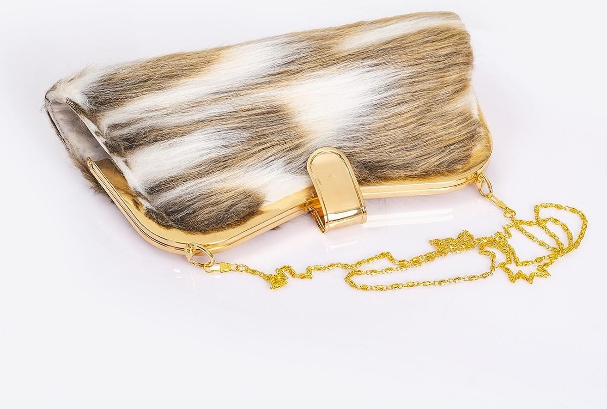 Keyifli Moda Kadın Kahverengi Desenli Suni Kürk Zincirli El ve Omuz Clutch Portföy Çanta görsel 3