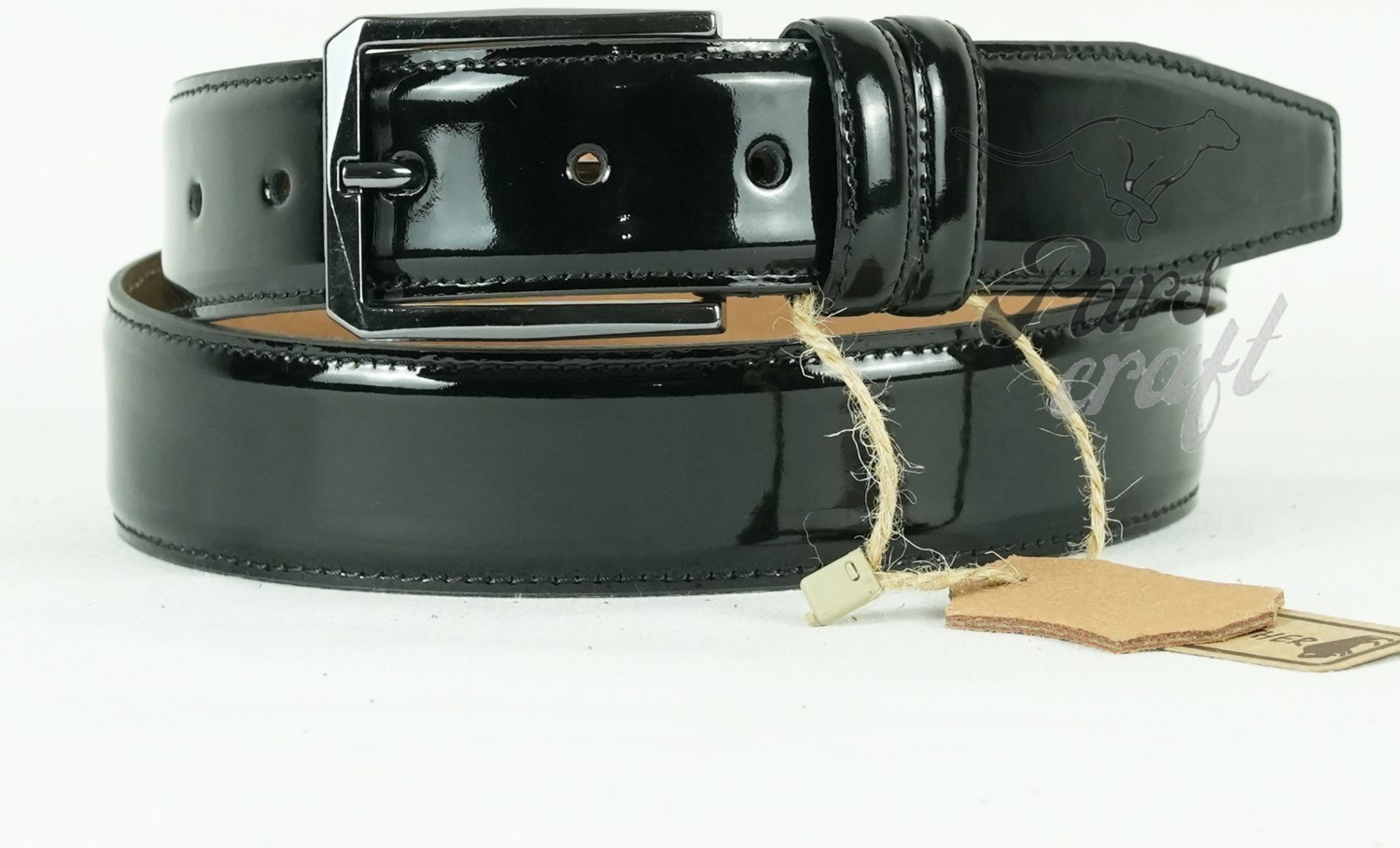 Parscraft Hakiki Deri Erkek Kemer 3,5 cm Dikişli Rugan Siyah Klasik Kumaş Pantolon Kemeri görsel 2