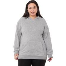 Disentis Modest Büyük Beden Sırtında Yazı Detaylı Kapüşonlu Kanguru Cepli Üç Iplik Gri Melanj Sweatshirt
