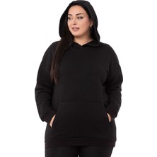 Disentis Modest Büyük Beden Sırtında Yazı Detaylı Kapüşonlu Kanguru Cepli Üç Iplik Siyah Sweatshirt