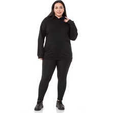 Disentis Modest Büyük Beden Sırtında Yazı Detaylı Kapüşonlu Kanguru Cepli Üç Iplik Siyah Sweatshirt
