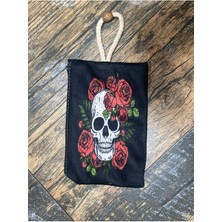Street Bag  güllü Kuru Kafa Baskılı Kalemlik , El Çantas , Baskılı Bez Çanta , Makyaj Çantası