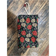 Street Bag  kuru Kafa ve Gül Baskılı Kalemlik , El Çantas , Baskılı Bez Çanta , Makyaj Çantası