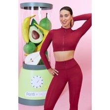 Penti Bordo Uzun Kollu Dik Yaka Fermuarlı Rodos Crop Üst - Saude Collection