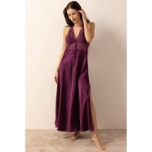 Ayyıldız 3911 Mürdüm Renk Uzun Dantelli Saten Gecelik