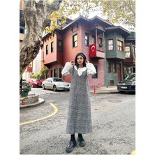 Küçüğüm Butik Siyah Desenli Pamuklu Ekose Uzun Kışlık V Yaka Jile Elbise