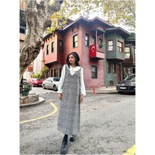 Küçüğüm Butik Siyah Desenli Pamuklu Ekose Uzun Kışlık V Yaka Jile Elbise