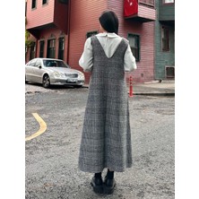 Küçüğüm Butik Siyah Desenli Pamuklu Ekose Uzun Kışlık V Yaka Jile Elbise