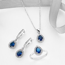 Siset Gümüş 925 Ayar Damla  Safir  Taşlı Gümüş Üçlü  Set