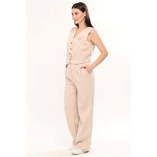 Ms. Endam Kadın Ters Kemerli Yelekli Palazzo Takım Pantalon - Bej