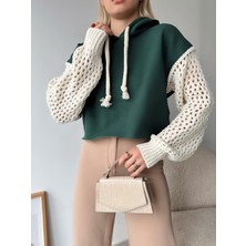 Mamayaga Kadın Kolları Örgü Triko Süper Şık Tasarım Oversize Crop Boy Yeşil Sweatshirt