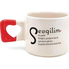 Mor Mürekkep Sevgilim Baskılı Kırmızı Kulplu Kalp Kupa