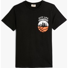 Koton Basketbol Baskılı Kısa Kollu Pamuklu Tişört Erkek Çocuk Günlük Stil Siyah