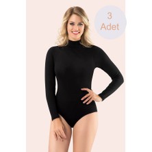 Secret Moda Balıkçı Yaka Uzun Kol Pamuklu Likralı Kadın Body Atlet Siyah 3 Adet