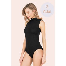 Secret Moda Boğazlı Japone Kol Likralı Çıtçıtlı Kadın Siyah Body Atlet 3 Adet