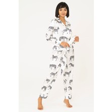 For You Moda 7 li Zebra Desenli Beyaz Saten Pijama Takımı S32154