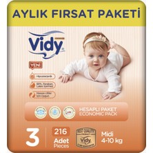 Vidy 3 Numara Bebek Bezi Midi Premium 216 Adet 54 x 4 Paket 4-10 kg