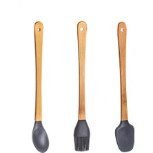 Porsima Mıen 3 Parça Mini Silikon Kaşık Spatula Fırça - Yanmaz Yapışmaz Hazırlık Seti - Gri 23 cm