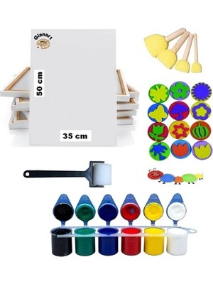 Glanart Çocuklar Için Etkinlik Seti Parmak Boyası Ponpon Eva Baskı 35 x 50 Tuval Rulo Fırça Yıkanabilir
