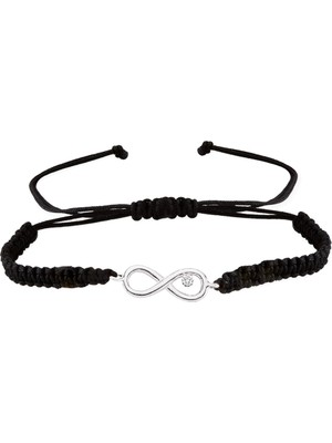 Altın Sepeti Gümüş Tektaş Sonsuzluk Siyah Ip Bileklik