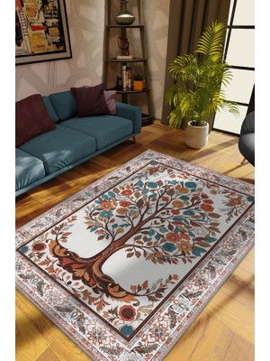 Homshtag Art Deco Hayat Ağacı Vintage Halı Görünümlü Dijital Baskı Renkli Halı Rustik Çiçekli Halı