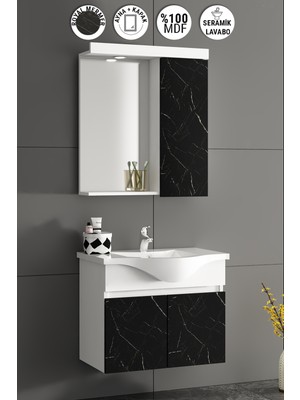 Özceden Yıldız 65 cm Beyaz-Royal Mermer Mdf Seramik Lavabolu Asma Banyo Dolabı Takımı