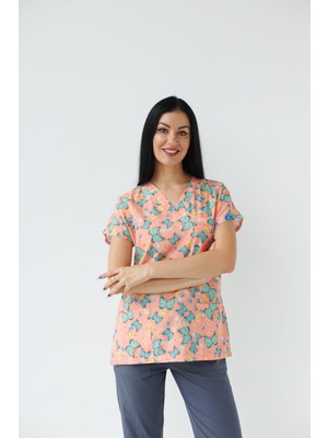 Dr. Mitra Kadın Likralı Yarasa Kol Hemşire Doktor Takım Yeşil Kelebek Desenli Tek Üst Forma