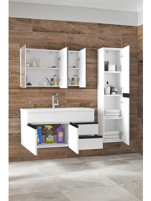 Alfa Banyo Esen Beyaz-Siyah (100+35) 135 cm Boy Dolaplı Lavabolu Banyo Dolabı Takımı-Mdf-Demonte Değil