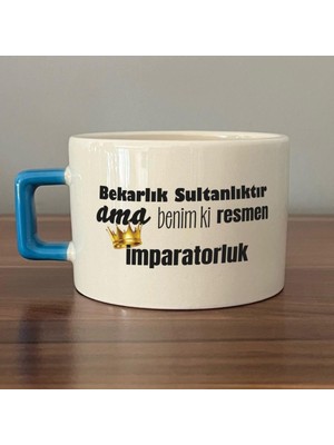 Mor Mürekkep Bekarlık Sultanlıktır Ama Baskılı Mavi Kulplu C Fincan