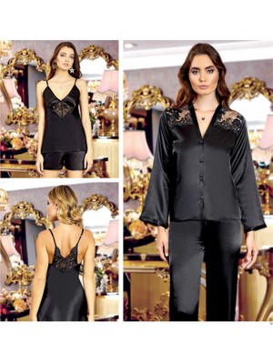 Jeremi S215 Saten Kısa Dantelli 6 Lı Set -Siyah - -- S