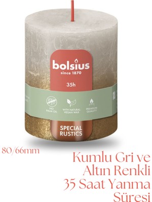 Bolsius Kumlu Gri Ve Altın Renkli Rustik Sütun Mum - 80mm/66mm - 35 Saat Yan Ma Süresi (2'Li Paket)