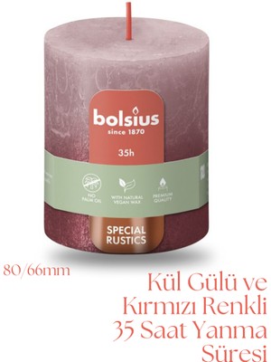 Bolsius Kül Gülü Ve Kırmızı Renkli Rustik Sütun Mum - 80mm/66mm - 35 Saat Yan Ma Süresi (2'Li Paket)