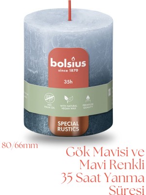 Bolsius Gök Mavisi Ve Mavi Renkli Rustik Sütun Mum - 80mm/66mm - 35 Saat Yan Ma Süresi (2'Li Paket)